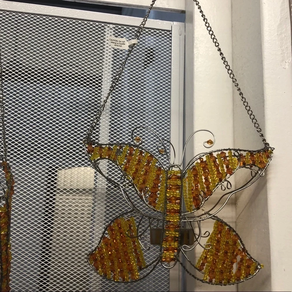 Vintage Pier 1 Orange & Yellow Beaded Butterfly Tea Light Hanging Garden Lantern